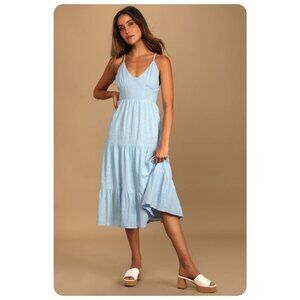 Lulus Light Blue Bliss Spaghetti Strap Tiered Midi Dress sz S